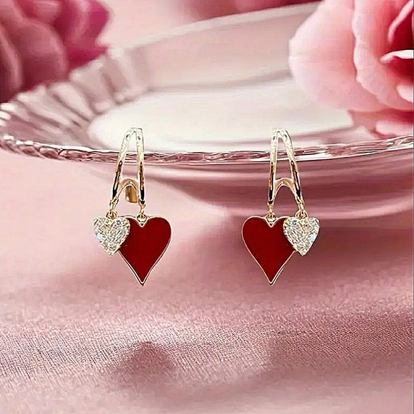 Red Heart Rhinestone Earrings - Picture 2 of 9